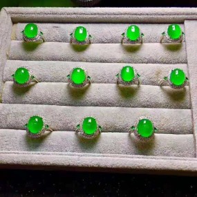 Jade Ring Supplier - Natural Ice Seed Greenstone Ring 925 Silver 18K White Gold Adjustable