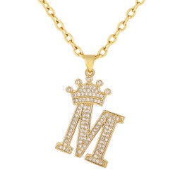 Crown Pendant Supplier - Waterproof Copper Plated 18K Gold 26 Letters Crown Pendant Necklace