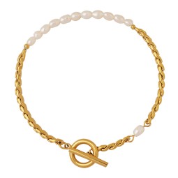 Pearl Bracelet Supplier - Non-fade Fresh Water Pearl OT Buckle Titanium Steel 18K Gold Bracelet