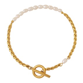 Pearl Bracelet Supplier - Non-fade Fresh Water Pearl OT Buckle Titanium Steel 18K Gold Bracelet