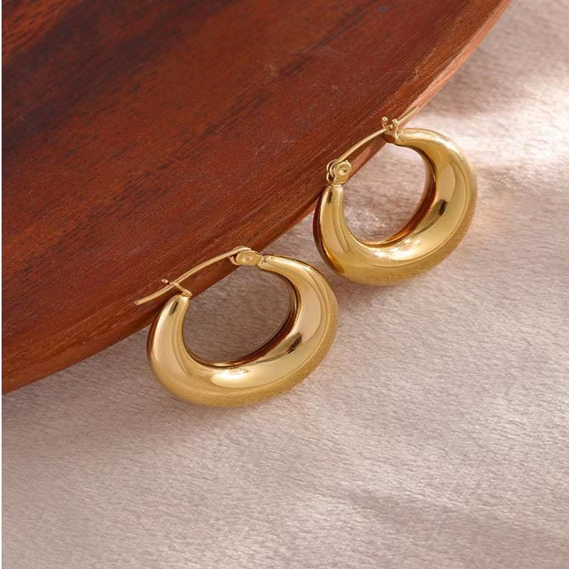 Hoop Earrings Supplier - Stainless Steel Lady Thick Round Daily Wear Gold Chunky Hoop Statement Earrings