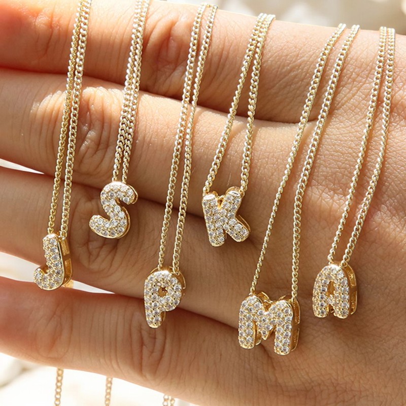 Mini Bubble Necklace Supplier - Zircon Mini 3D Bubble Letter Necklace Balloon Letter Puff Initial Jewelry