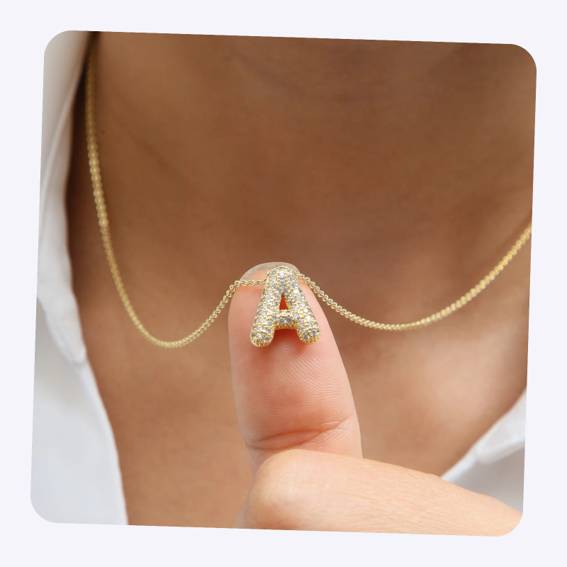 3D Puff Necklace Factory - New Arrival Fashion Jewelry Gold 3D Puff Zirconia Diamond Initial Balloon Letters