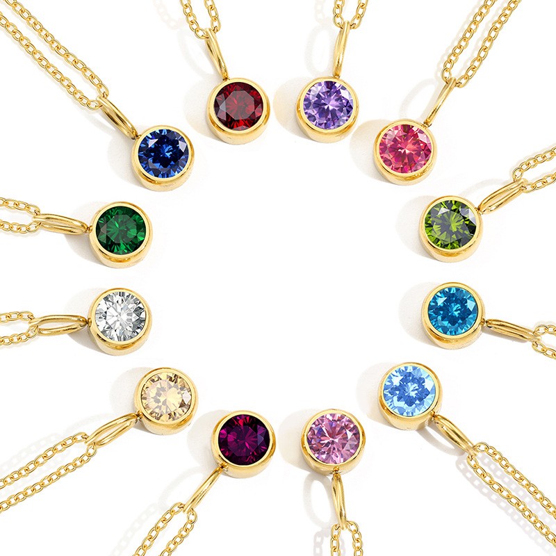 Birthstone Pendant Supplier - 12 Color Zircon Fine Jewelry 14k Gold Stainless Steel Birthstone Necklace