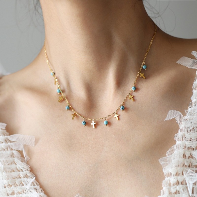 Cross Charm Necklace Supplier - Delicate Gold Cross Blue Beaded Choker Chain Women Fashion Jewelry