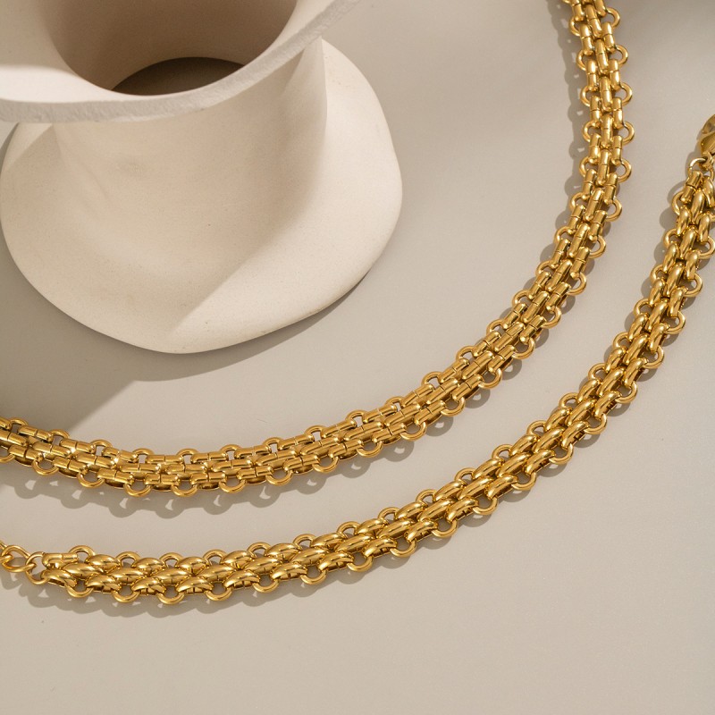 Thick Chain Set Manufacturer - Stainless Steel 18k Gold Statement Thick Chain Twisted Knotted Necklace Bracelet Set