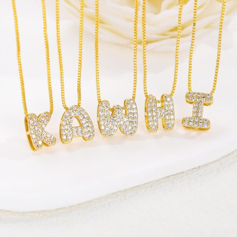 Initial Necklace Factory - Mini Bubble Letter Initial Necklace Gold Diamond Alphabet Balloon Letter for Women