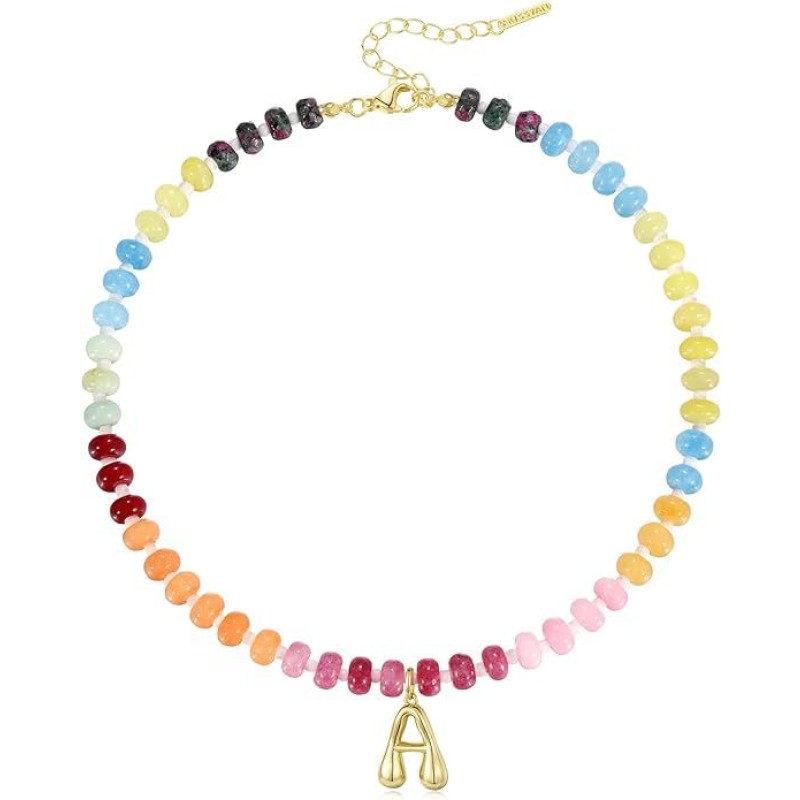 Letter Pendant Necklace Manufacturer - Women's 14K Letter Pendant Colorful Gem Beaded Initial Charm Necklaces