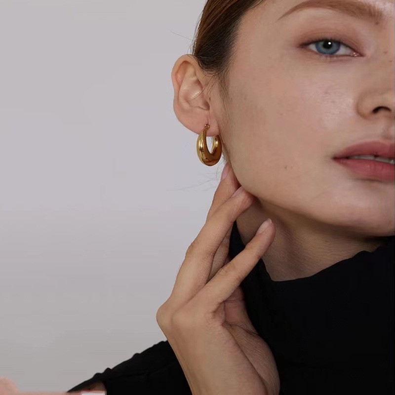 Hoop Earrings Supplier - Stainless Steel Lady Thick Round Daily Wear Gold Chunky Hoop Statement Earrings