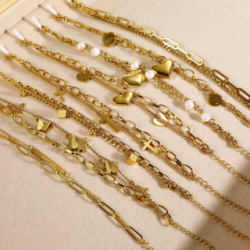 Chain Bracelet Factory - Stacking 18K Gold Plated Chain Green White CZ Women Girl Cubic Zirconia Minimalist