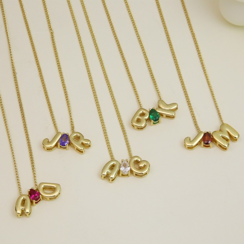 Personalized Necklace Factory - Minimalist 18K Gold Zirconia Waterdrop 12 Birthstone Alphabet Bubble Letter