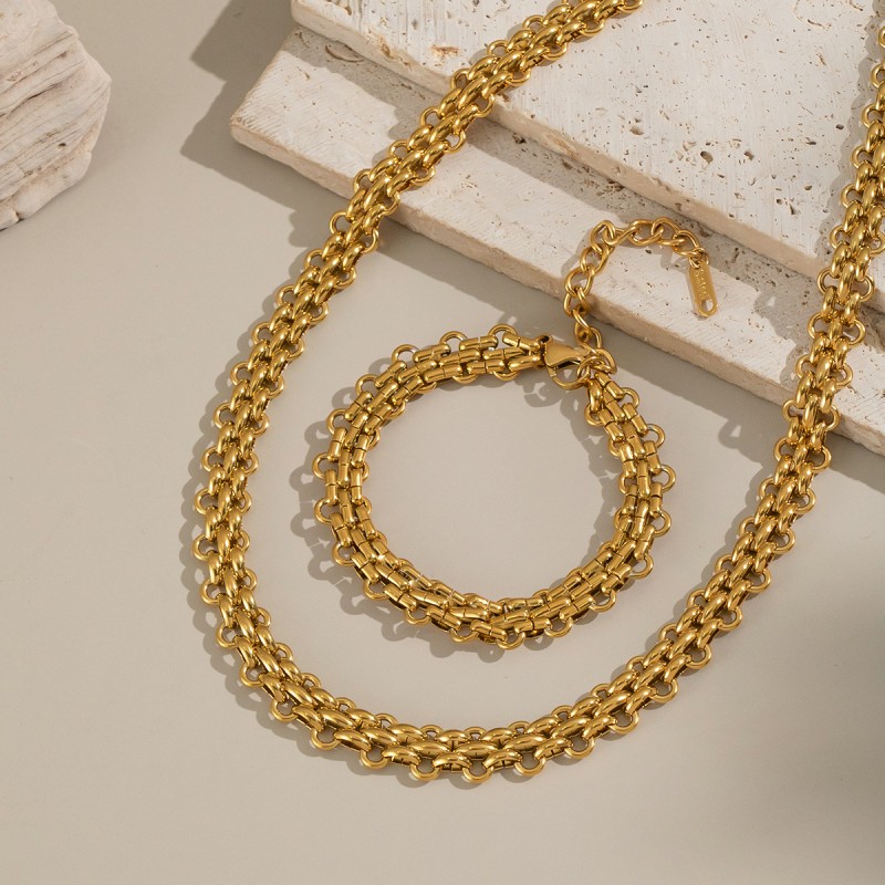 Thick Chain Set Manufacturer - Stainless Steel 18k Gold Statement Thick Chain Twisted Knotted Necklace Bracelet Set