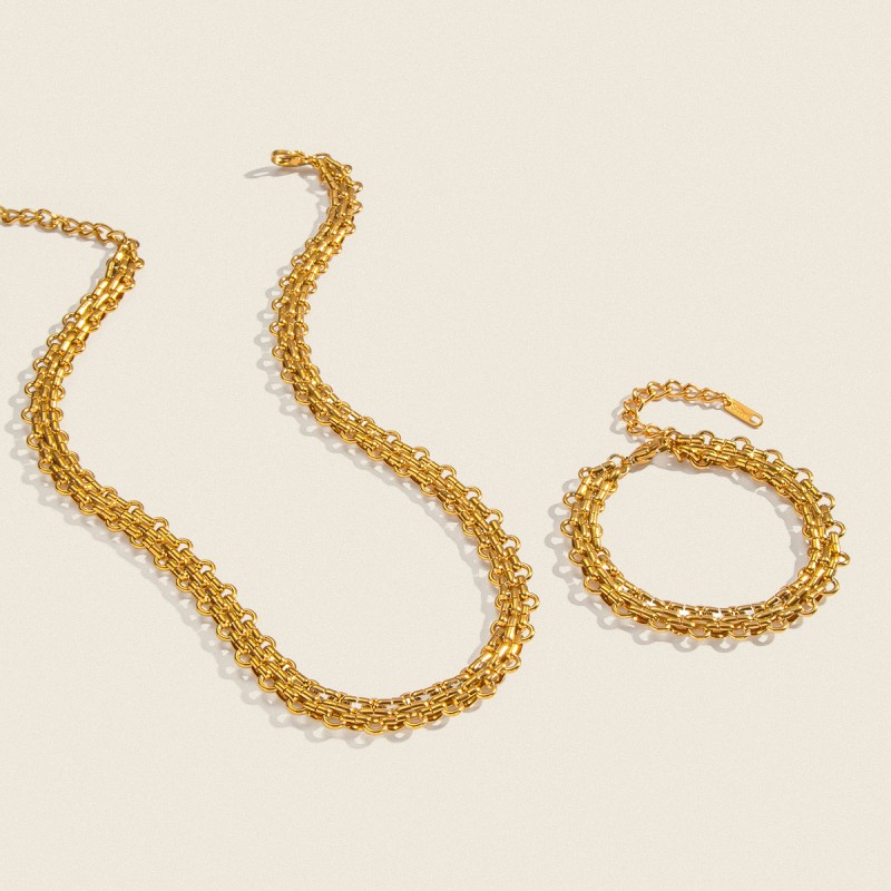 Thick Chain Set Manufacturer - Stainless Steel 18k Gold Statement Thick Chain Twisted Knotted Necklace Bracelet Set