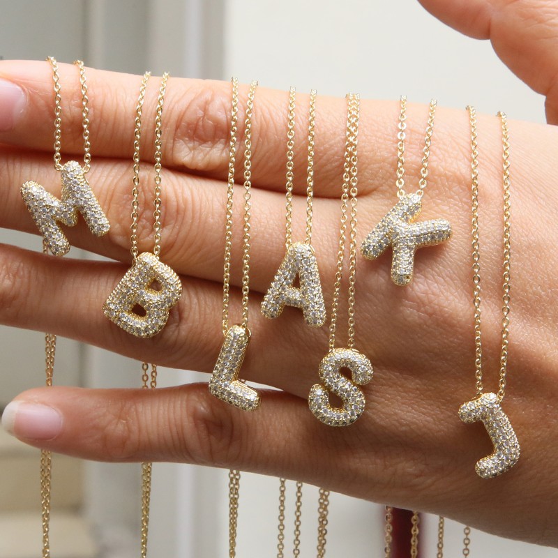 3D Puff Necklace Factory - New Arrival Fashion Jewelry Gold 3D Puff Zirconia Diamond Initial Balloon Letters