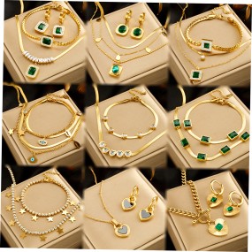 Square Ring Set Manufacturer - Ins Square Ring Inlaid Rainbow Color Zircon Necklace 18k Gold Plated Jewelry Set