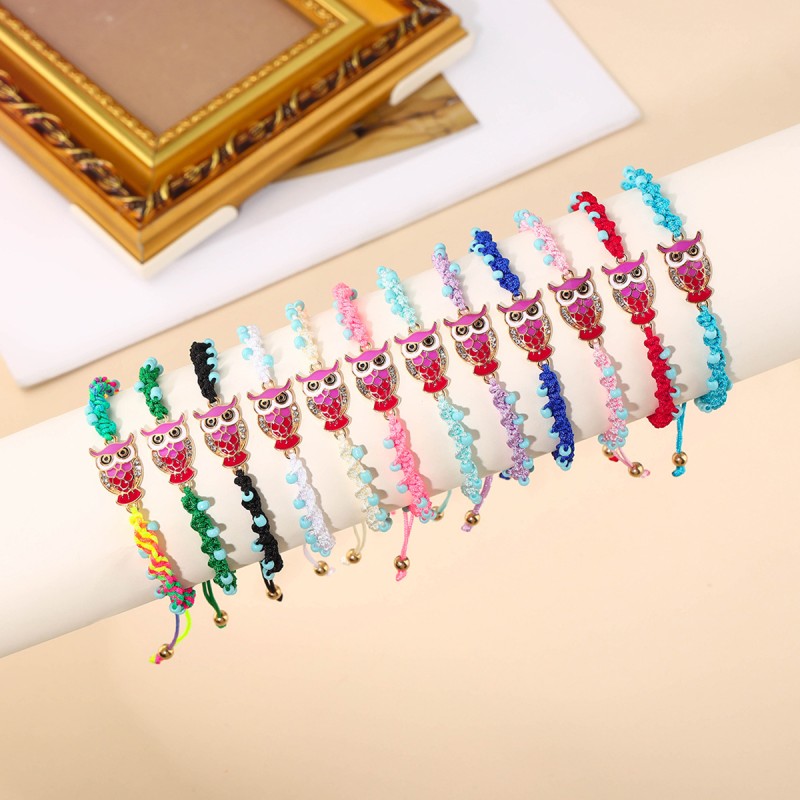 Beaded Owl Bracelet Supplier - Handmade Beaded Owl Bracelet Black Cord Adjustable Animal Charm Jewelry