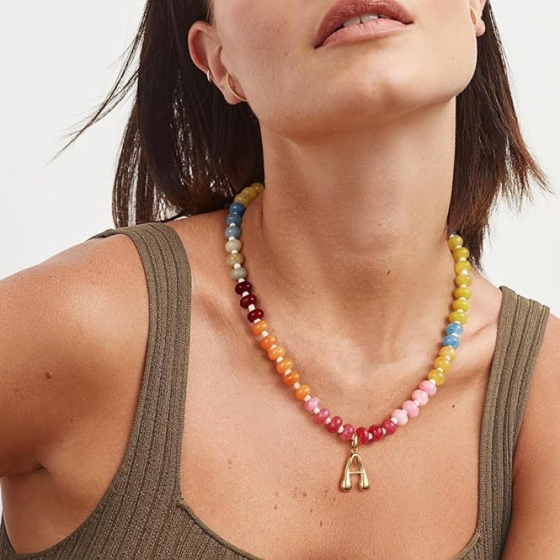Letter Pendant Necklace Manufacturer - Women's 14K Letter Pendant Colorful Gem Beaded Initial Charm Necklaces