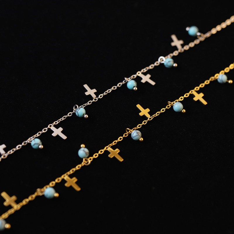 Cross Charm Necklace Supplier - Delicate Gold Cross Blue Beaded Choker Chain Women Fashion Jewelry