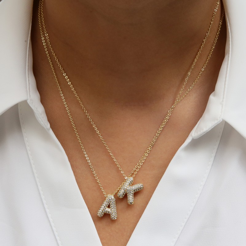3D Puff Necklace Factory - New Arrival Fashion Jewelry Gold 3D Puff Zirconia Diamond Initial Balloon Letters