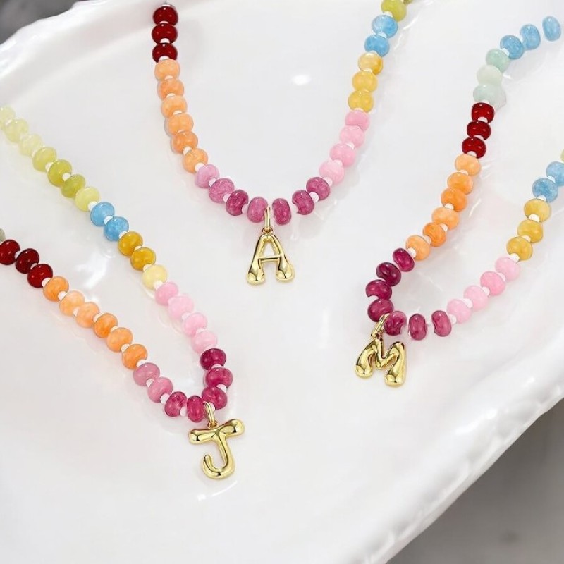 Letter Pendant Necklace Manufacturer - Women's 14K Letter Pendant Colorful Gem Beaded Initial Charm Necklaces