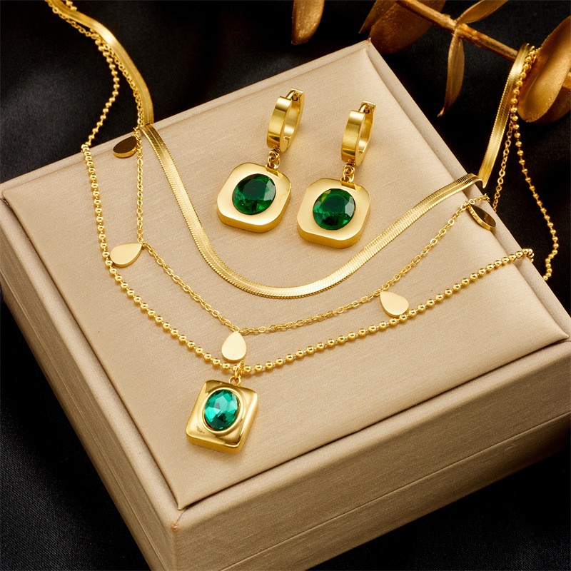 Square Ring Set Manufacturer - Ins Square Ring Inlaid Rainbow Color Zircon Necklace 18k Gold Plated Jewelry Set