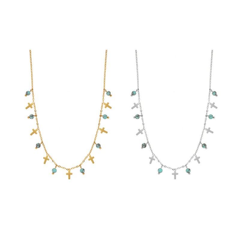 Cross Charm Necklace Supplier - Delicate Gold Cross Blue Beaded Choker Chain Women Fashion Jewelry