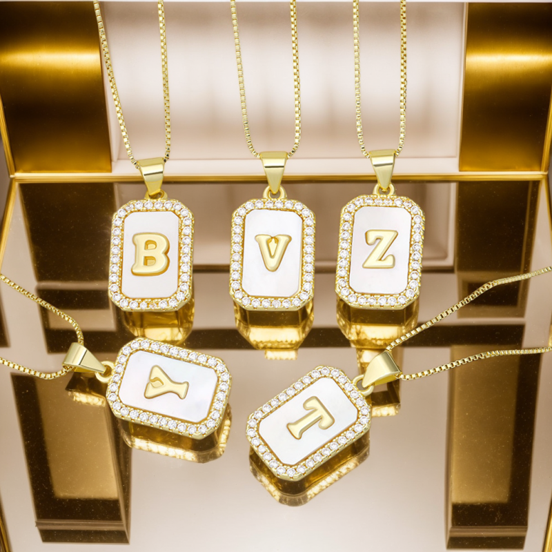 Initial Necklaces Supplier - Dainty Minimalist Mother Of Pearl Shell Letter Charm Box Chain Wholesale