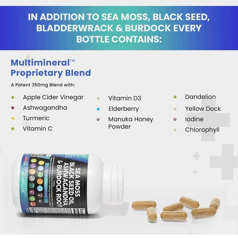 Sea Moss Pills Manufacturer - 16-in-1 Organic Raw with Black Seed Oil