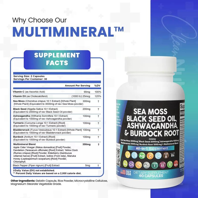Sea Moss Pills Manufacturer - 16-in-1 Organic Raw with Black Seed Oil