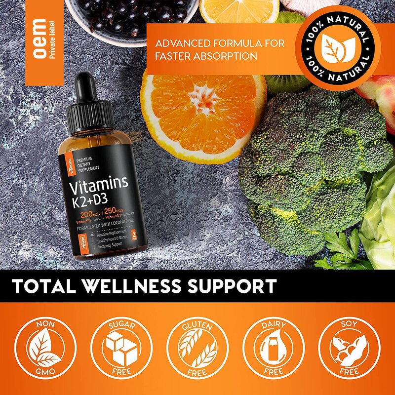 Liquid Vitamin D3 + K2 Drops Manufacturer - Private Label for Adult Bone & Immune Health