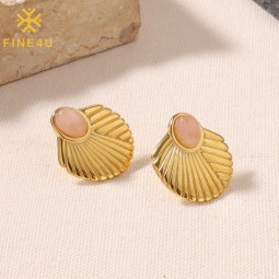 Stainless Steel Stud Earrings Supplier - Gold Plated Natural Stone Shell Shape Waterproof