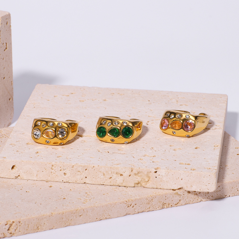 Stainless Steel Open Ring Factory - Vintage Inlaid Colored Zircon PVD Plated Gold