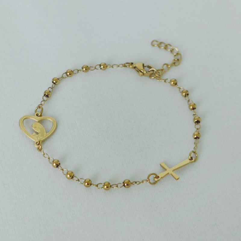 Stainless Steel Rosary Bracelet Manufacturer - Christian Cross Virgin Mary Gold Plated