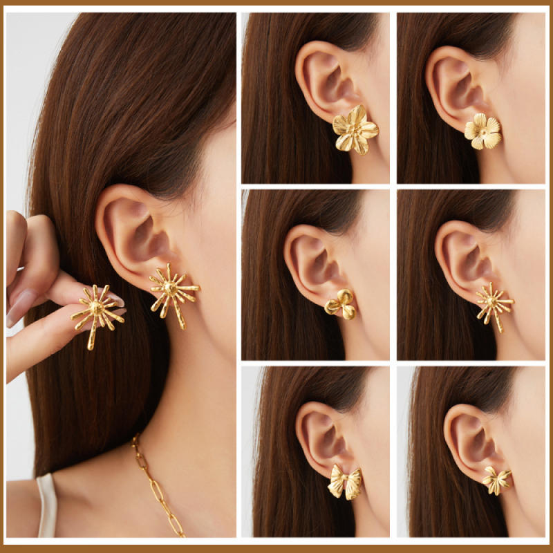 Stainless Steel Jewelry Set Manufacturer - Gold Plated Flower Bow Necklace Earrings 6 Styles