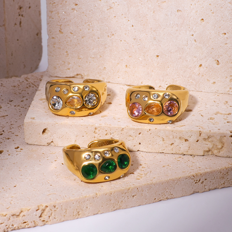 Stainless Steel Open Ring Factory - Vintage Inlaid Colored Zircon PVD Plated Gold