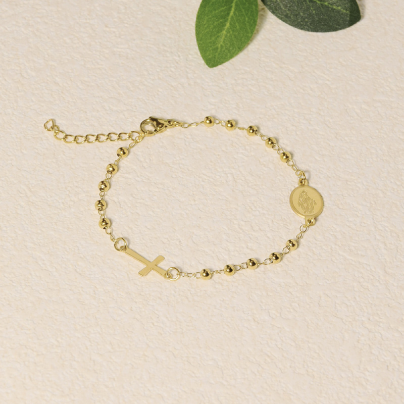 Stainless Steel Rosary Bracelet Manufacturer - Christian Cross Virgin Mary Gold Plated