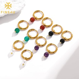 Stainless Steel Hoop Earrings Factory - Gold PVD Plated Pearl Agate Stone Dangle Huggies