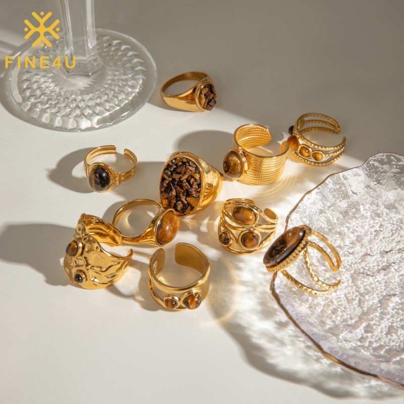 Stainless Steel Ring Set Manufacturer - Gold Plated Tiger Eye Hammered Open Women Jewelry