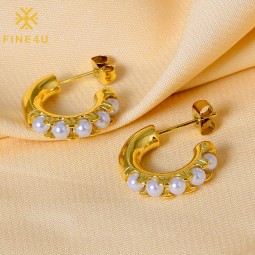 Stainless Steel Stud Earrings Factory - Gold Plated Five Inlaid Pearls Waterproof Design