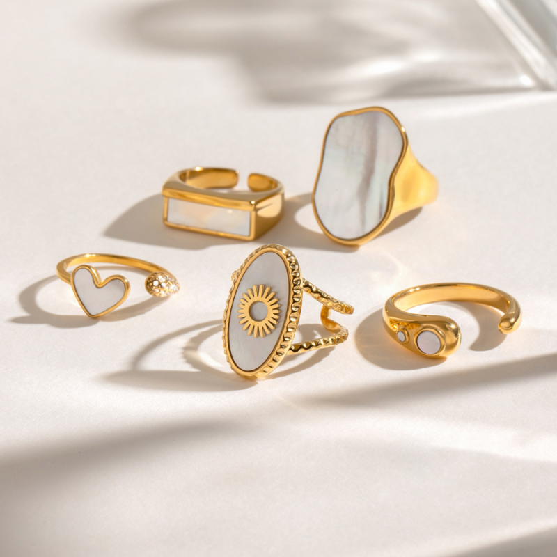 Stainless Steel Shell Ring Supplier - Gold Plated Waterproof Geometric Design Women Jewelry