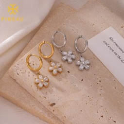 Stainless Steel Hoop Earrings Factory - Gold Plated Cubic Zirconia Flower Non Tarnish