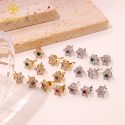 Stainless Steel Stud Earrings Supplier - Gold Plated Cubic Zirconia Flower Safety Hoop
