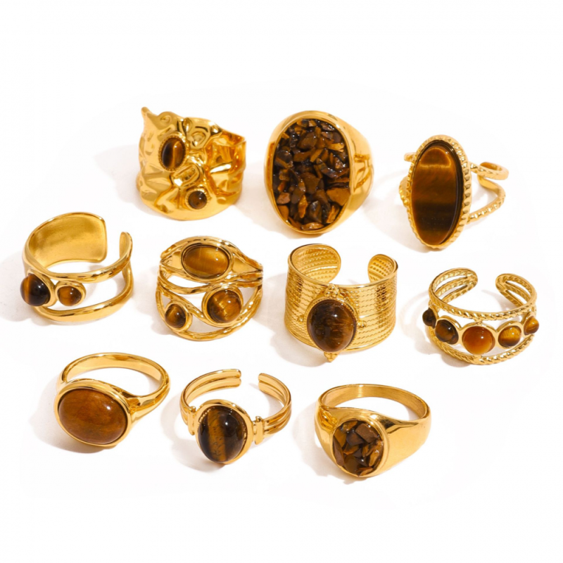 Stainless Steel Ring Set Manufacturer - Gold Plated Tiger Eye Hammered Open Women Jewelry
