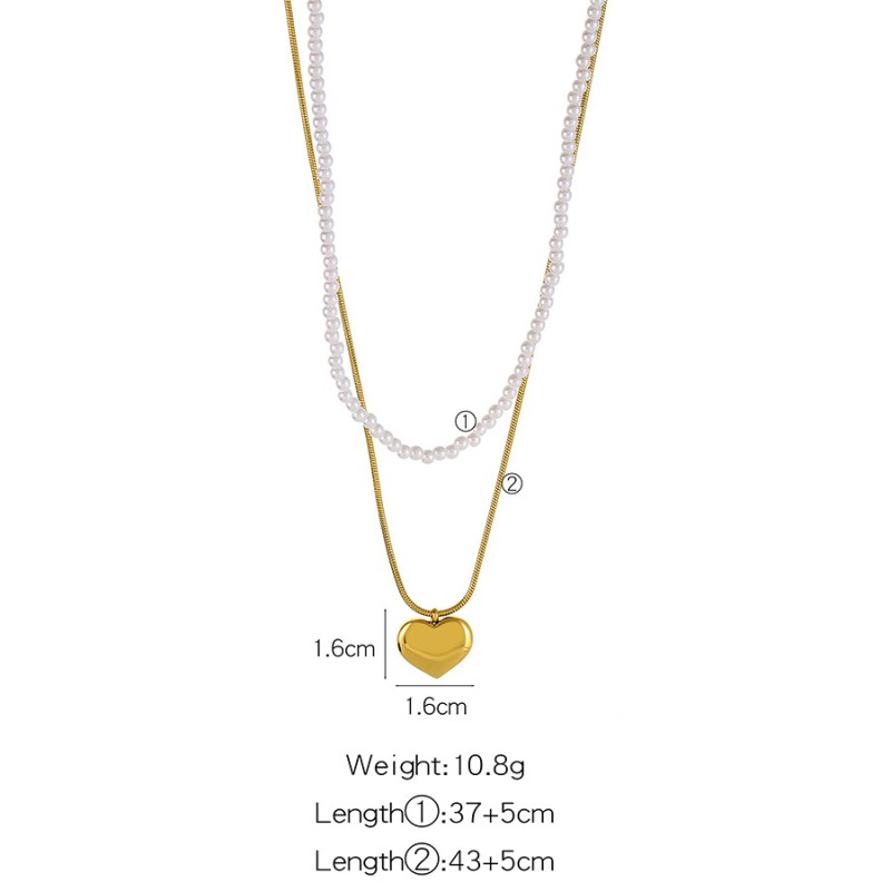 Stainless Steel Double Necklace Supplier - Gold Plated Pearl Heart Pendant Waterproof Jewelry