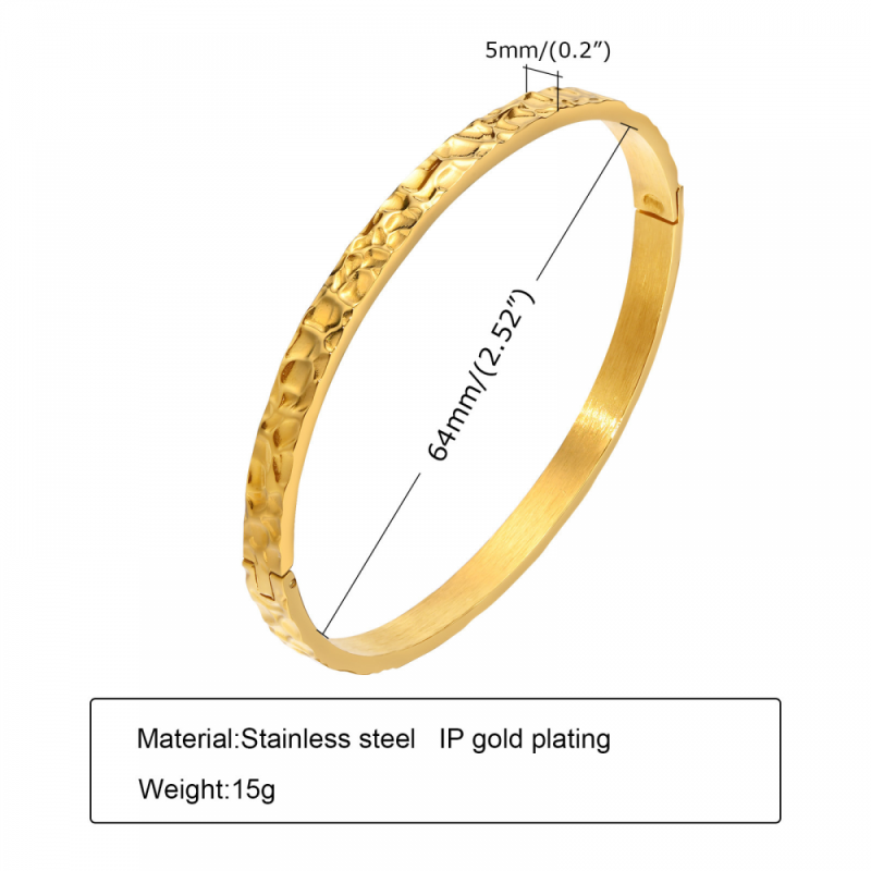 Stainless Steel Cuff Bangle Supplier - Gold Plated Closed Oval Hammered Waterproof Jewelry