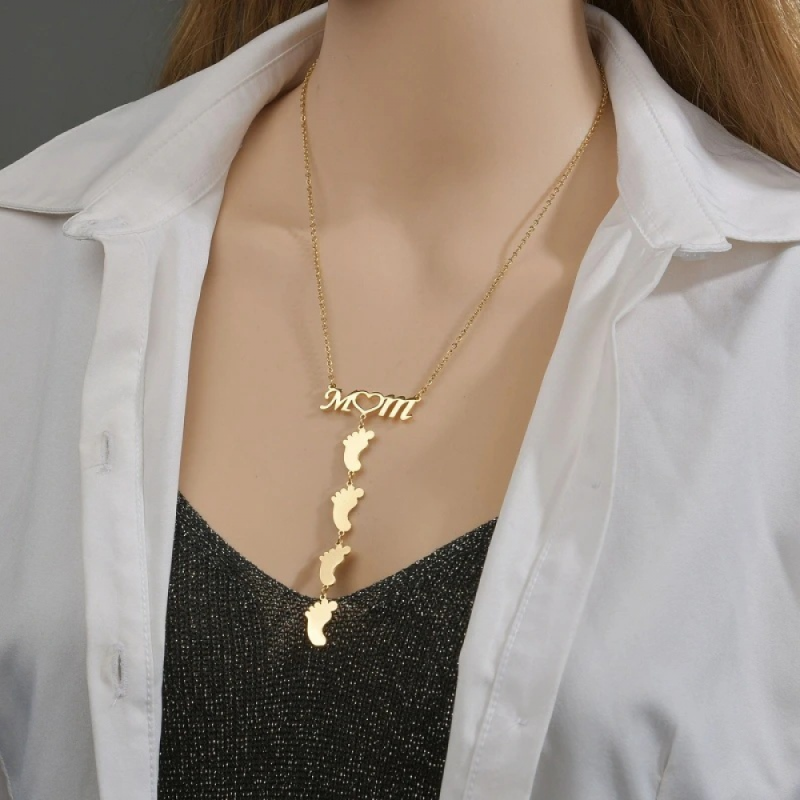 Stainless Steel Pendant Necklace Manufacturer - Engraved Mama Multiple Baby Feet Family Gift