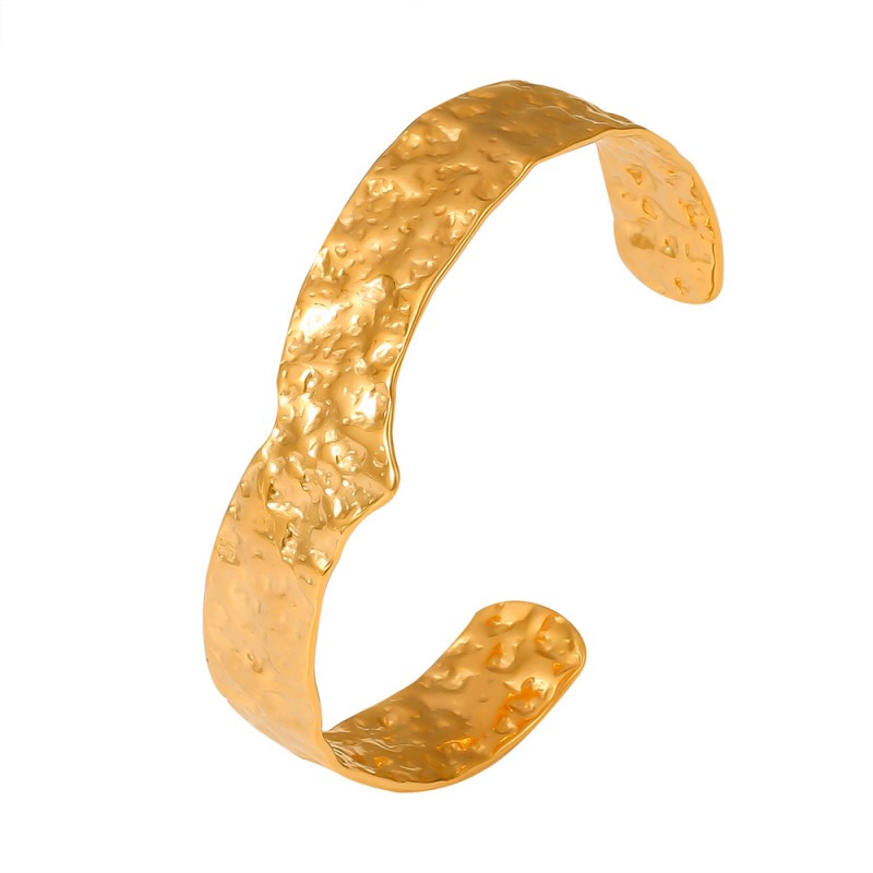 Stainless Steel Cuff Bracelet Manufacturer - Gold Plated Uneven Hammered Wide Open Chunky