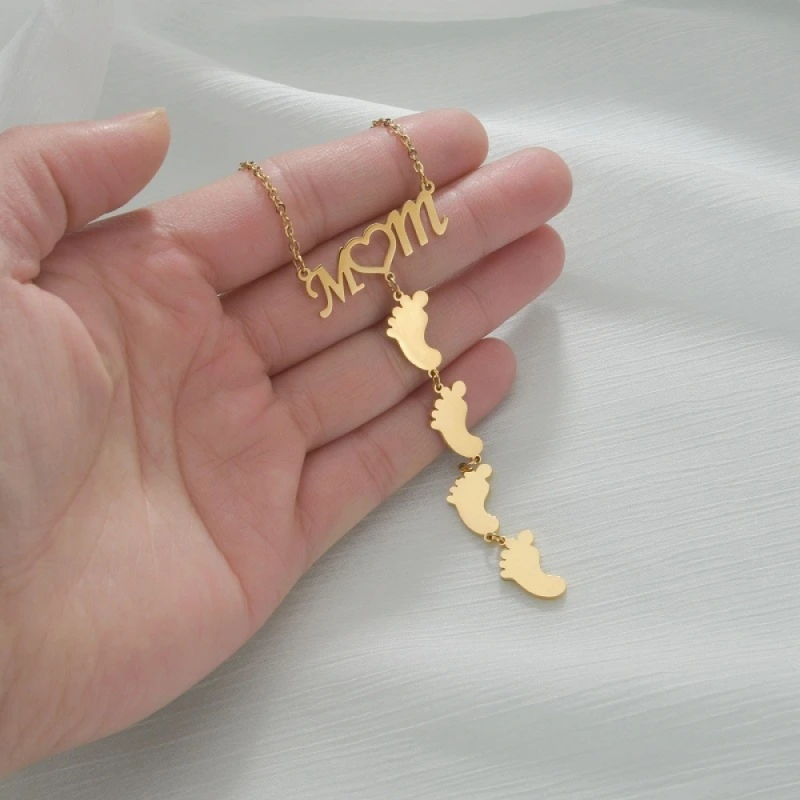 Stainless Steel Pendant Necklace Manufacturer - Engraved Mama Multiple Baby Feet Family Gift