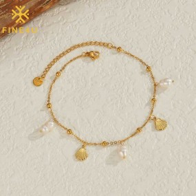 Stainless Steel Anklet Factory - Gold Plated Sea Shell Fresh Water Pearl Summer Women