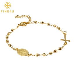 Stainless Steel Rosary Bracelet Factory - Christian Cross Pendant Gold Plated